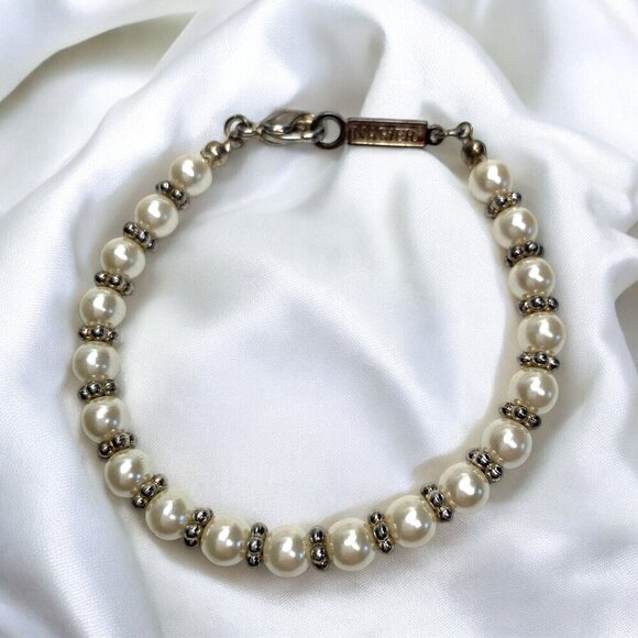 Vintage Napier Signed Round Faux Pearl & Silver Spacer Beaded Tennis Bracelet 7" - Picture 2 of 7